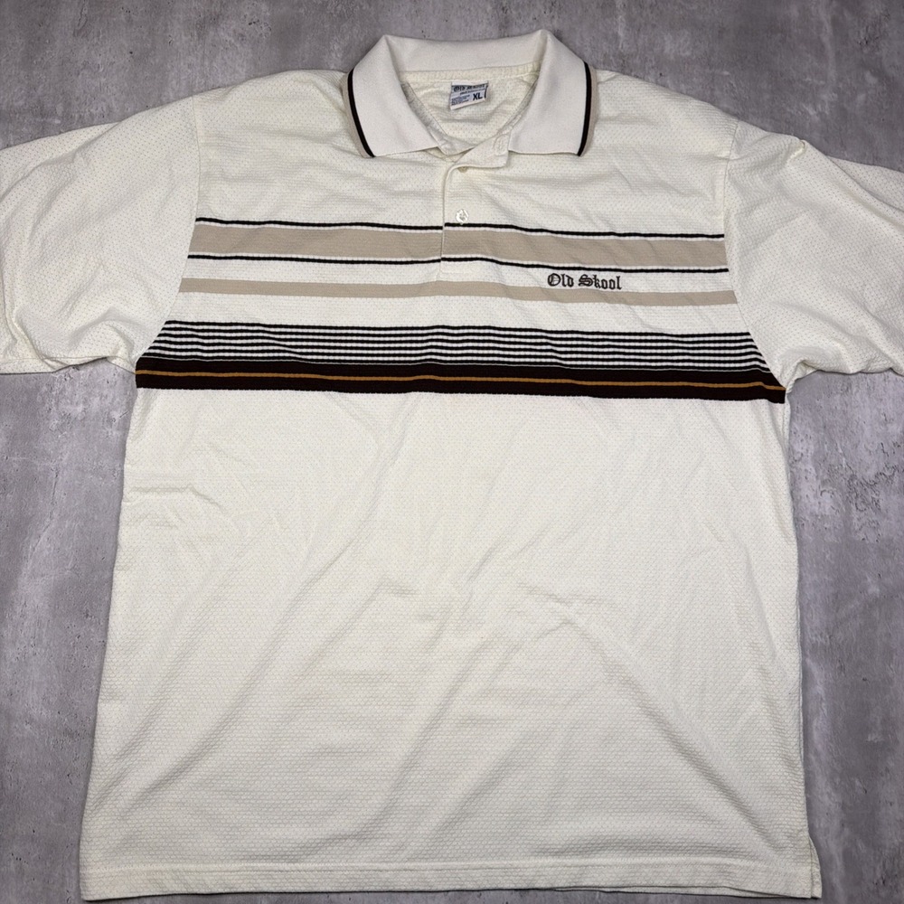Vintage Old Skool Striped Polo Men's XL Cream Brown Trim Y2K Skate Surf Oversize
